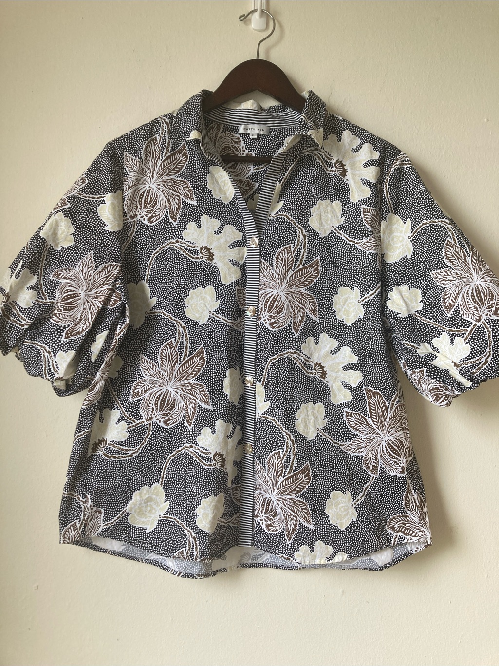 Patty Kim Morgan Button Down Blouse Puff Sleeve Floral Size Xl